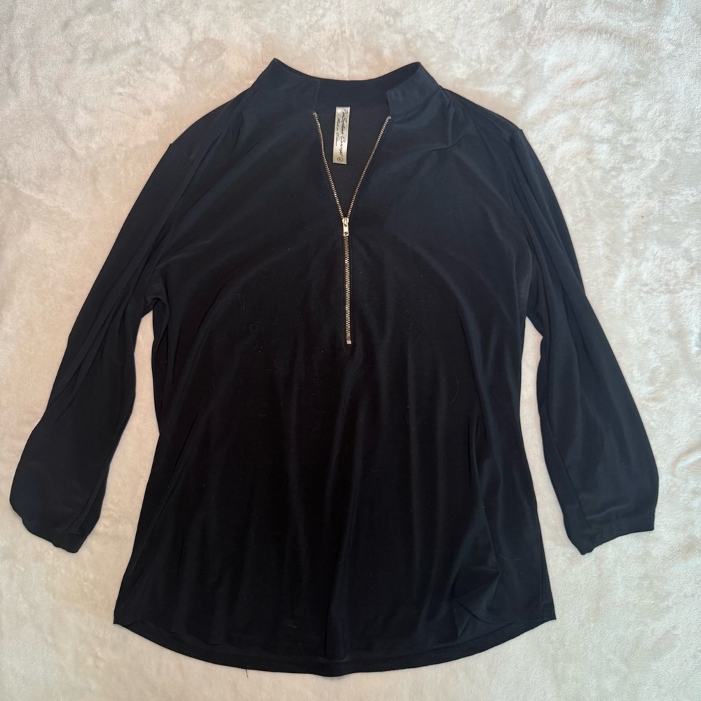 PerSeption Concept Black Sweater Blouse Top with 3/4 Sleeves and Zip-Up Neck